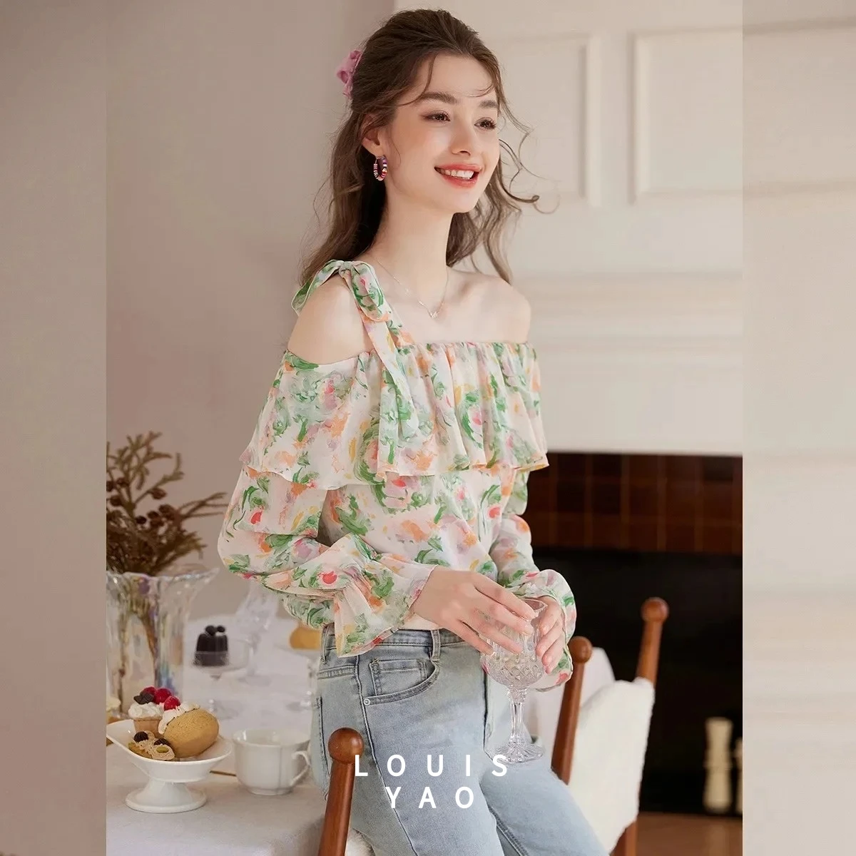 

LOUISYAO Elegant Crushed Floral Shirt Woman 2025 Summer Slant Shoulder Flounced Edge Blouse Long Sleeve Women's Shirt