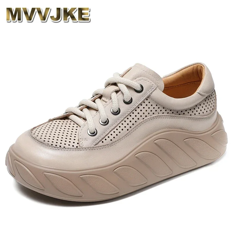 Vintage Natural Cowhide Perforated Breathable Women's sneakers Summer Genuine Leather light platform Women's Sandals