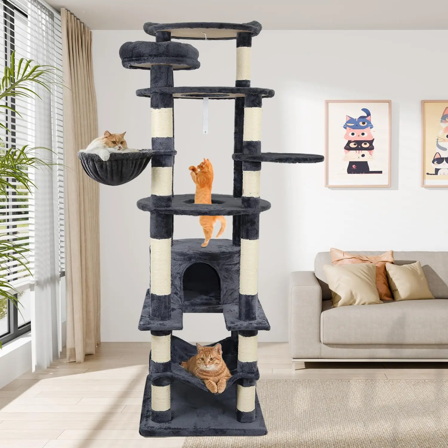 78.8in Dark Gray Cat Tree Multilevel Cat Tower Large Platform Wide Base Adult Cat Climbing Tree House Towers Condo Hammock