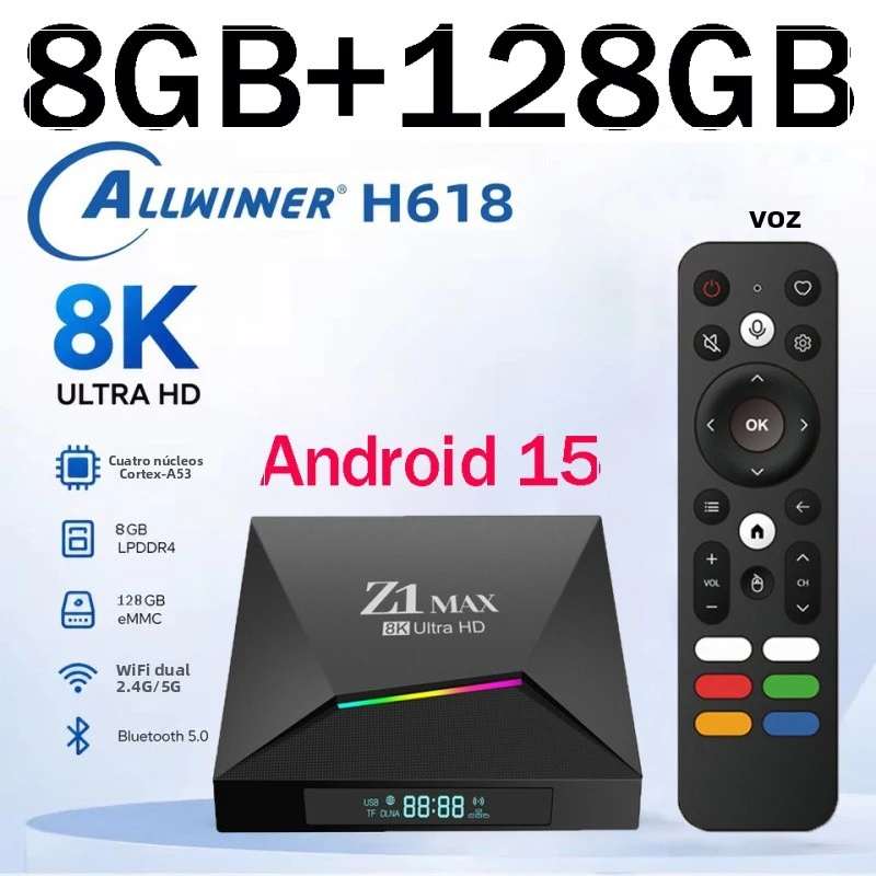 ТВ-приставка Android 15.0 IPTV 8K HD 4K Allwinner H618 Quad Core BT 5.0 5G 4G Dual WiFi 8GB 128GB с голосовым пультом ДУ