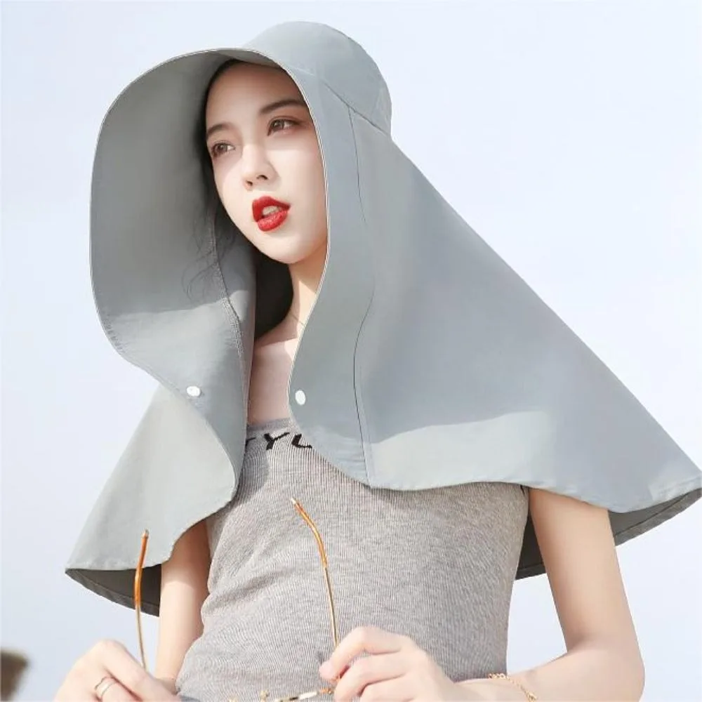 New Large Brim Sun Hat Anti-UV Neck Guard Shawl Fisherman Hat Face-covering With Snap Button Bucket Hat Beach