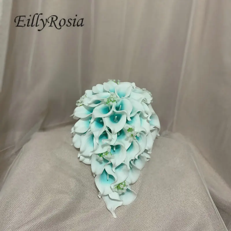 EillyRosia T Blue Cascading Bridal Bouquet with Gypsophila Silk Ribbon Calla Lily Waterfall Wedding Flowers Unique Design New