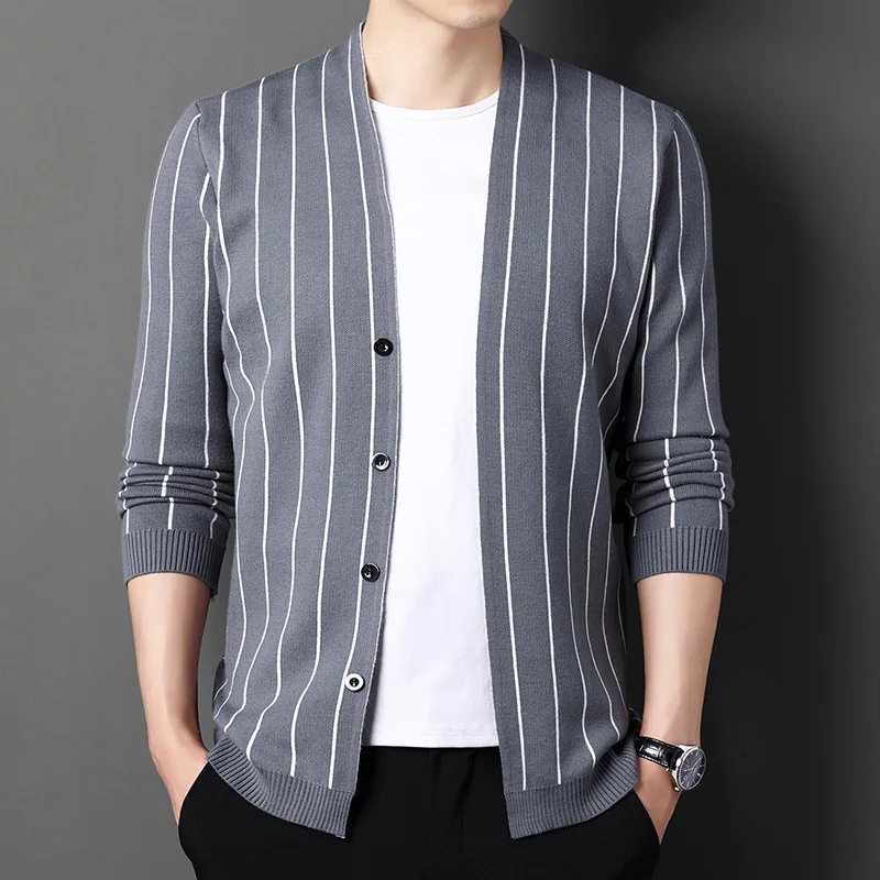 

2023 Men's New Vertical Striped Knitted Cardigan Youth Fashion Casual Sweater