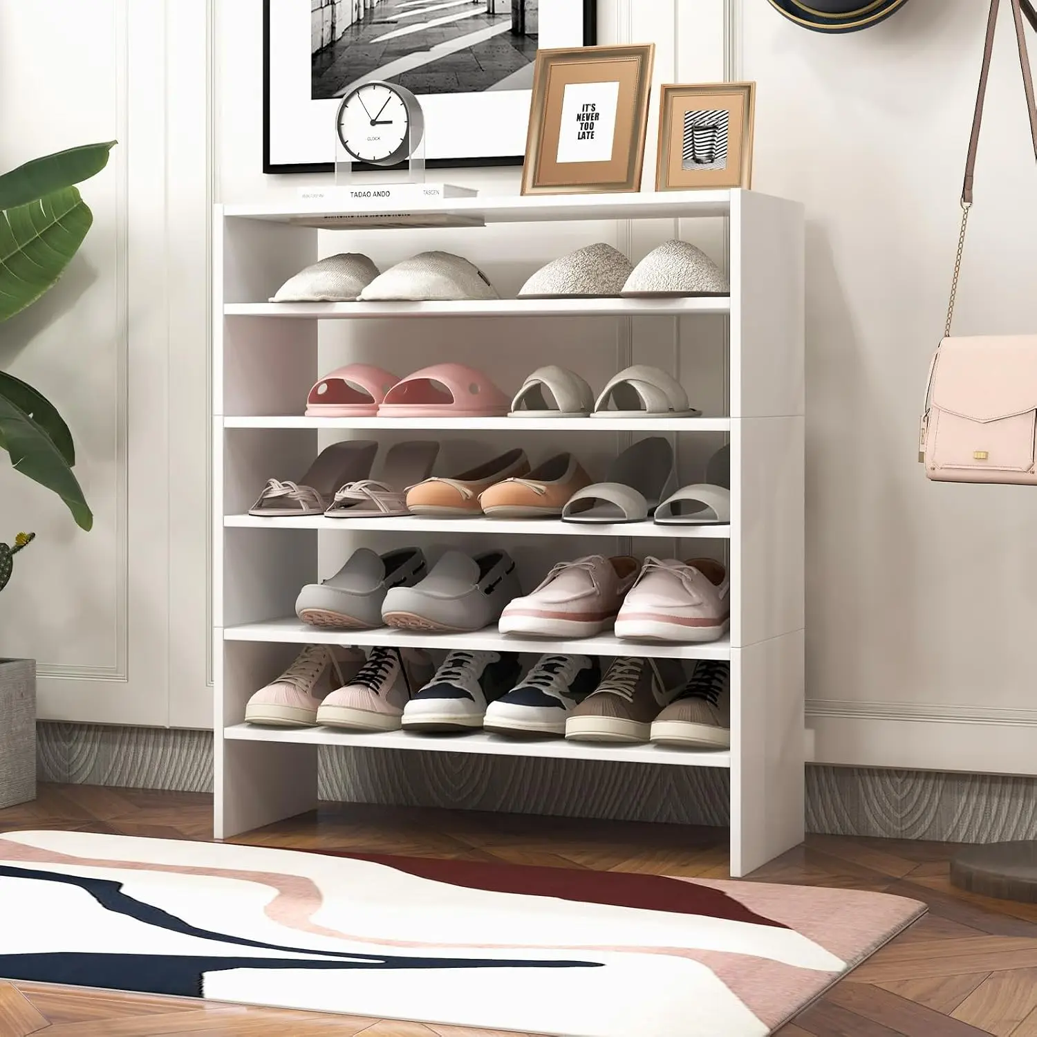 3-Tier Stackable Shoe Rack Organizer 18 Pairs 31 Inch Wide Wood Shelf Closet Entryway Living Room Office White, Customized