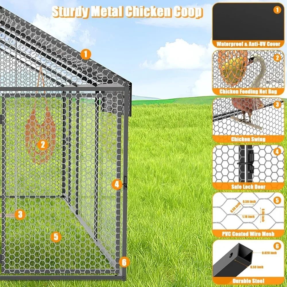 Large Metal Chicken Coop Heavy Duty Chicken Run Hen House with Waterproof Anti-UV Cover for Outdoor Chicken Pens