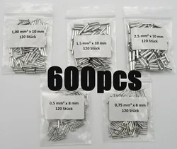 600pcs Tube-Type Bare Terminal Combination Wire End Ferrules Assortment 0.5 / 0.75 / 1.0 / 1.5 / 2.5mm² Uninsulated Blank
