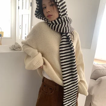 Warm Stripe Hat Scarf Inteated Ne Warmer Women's Bicycle Rid...