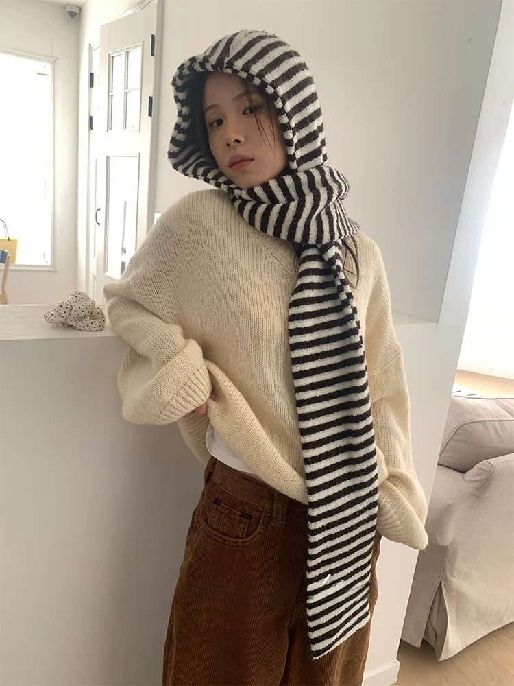 Warm Stripe Hat Scarf Inteated Ne Warmer Women's Bicycle Riding Winter Faion Korean Sle Windproof Scarf Hat Combo