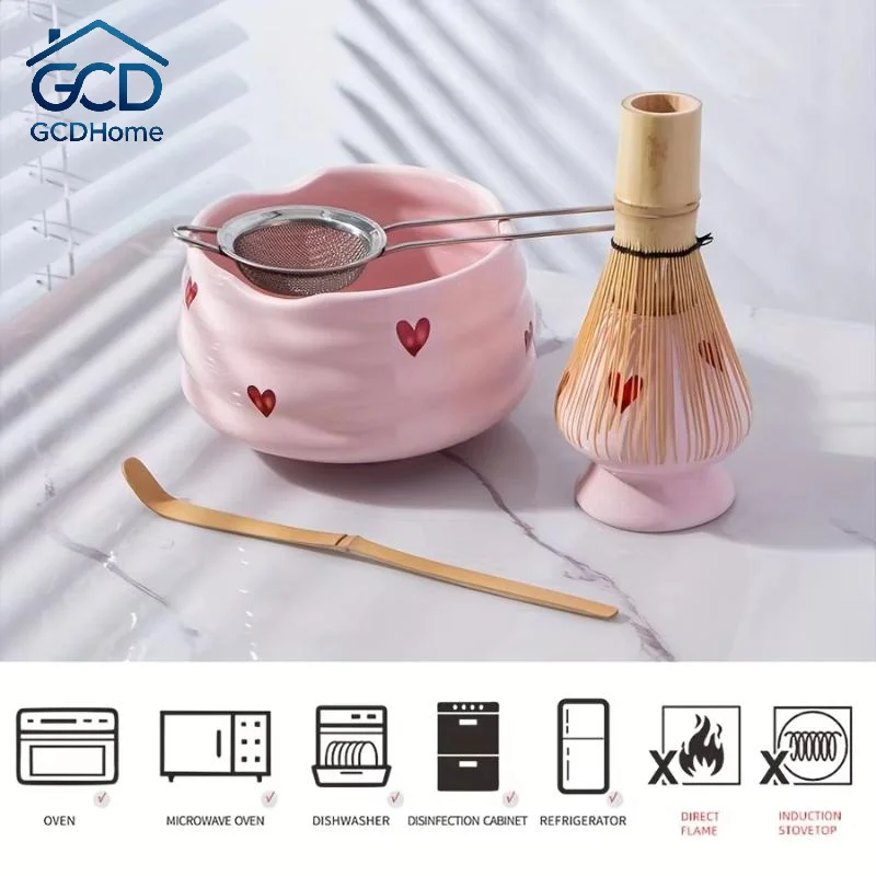 2/4/5pcs Heart Decal Ceramic Matcha Set, Cute Matcha Set Includes Matcha Bowl, Matcha Whisk And Holder, Bamboo Scoop, Sifter