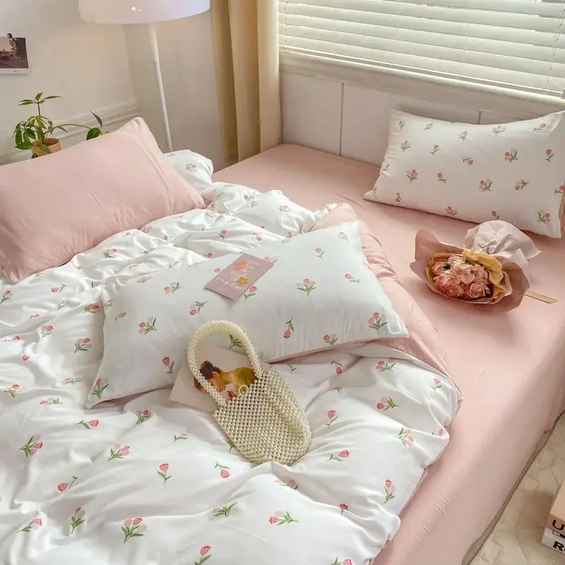 Romantic Tulip Pink Bedding Set Bed Flat Sheet Pillowcase Twin Full Queen Bed Linen Kids Girls Floral Duvet Cover No Filling