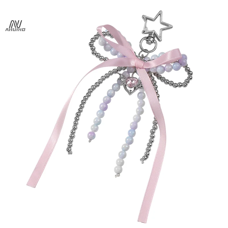 Y2K Sweet Beaded Keyring Exquisite Ribbon Rhinestone Bow Keychain For Girls Bag Pendant Decoration Fashion Key Accessories