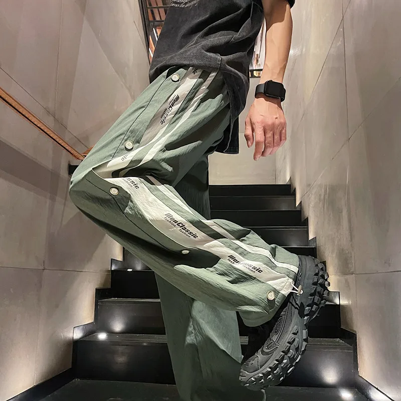 2024 Summer Casual Pants Men'S Side Button Sports Fashion Loose Dried Ice Silk Hip Hop Versatile Washed Jogging Leggings