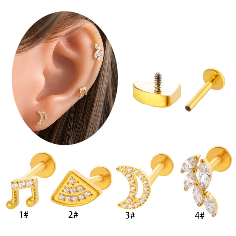 1PC G23 Titanium Cartilage Ear Stud Moon CZ Internal Thread Labret Piercing Lip Stud Helix Tragus 16G Piercing Jewelry Wholesale