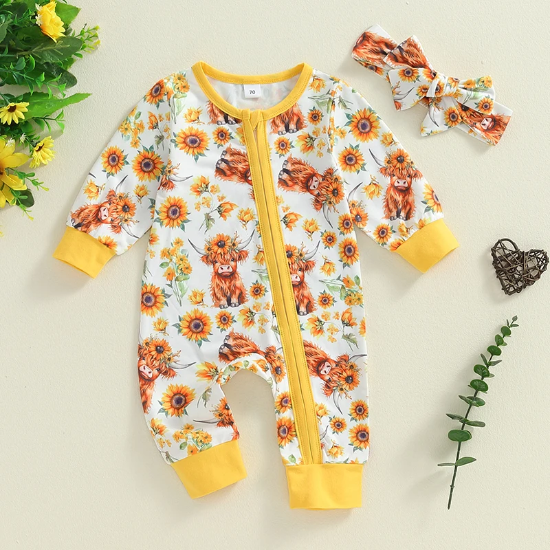 

Baby Western Fall Romper Bull&Sunflower Print Long Sleeves Round Neck Zip Front Jumpsuit with Headband