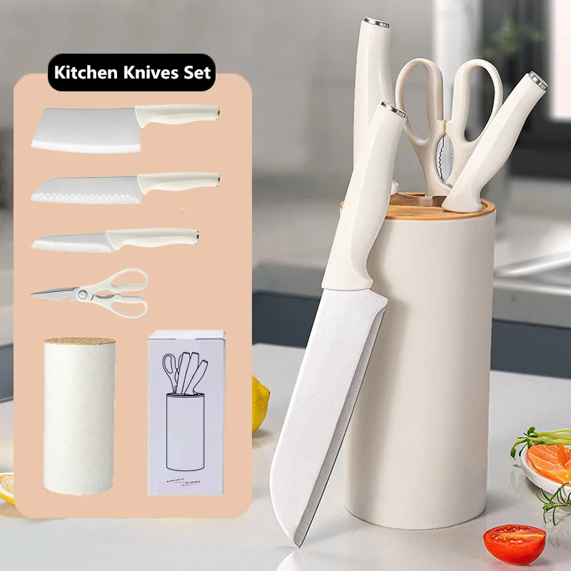 Kitchen Knives Set With Holder Scissorse Peeler Chef Knife Cleaver Meat Fruit Steak Knife Plastic Handle Forged Kitchen Knife