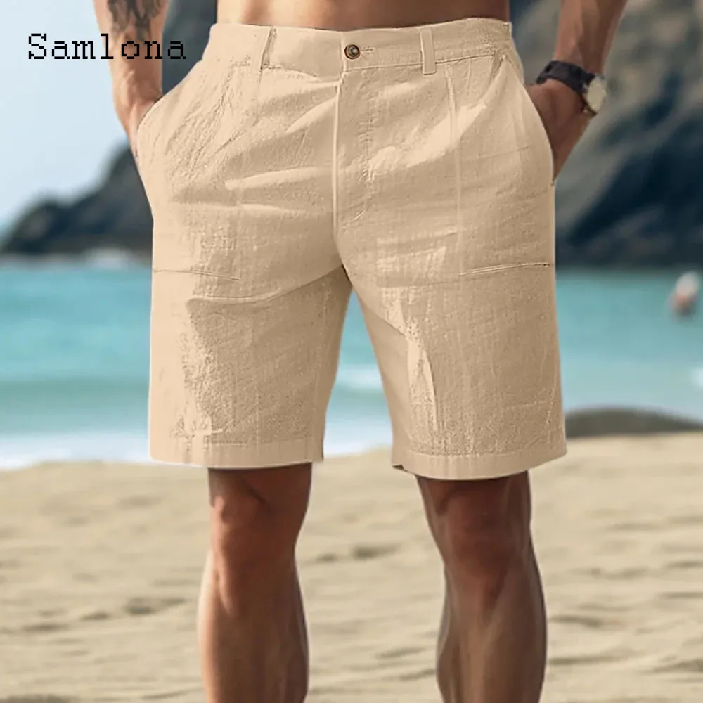 Samlona Mens Vintage Stand Pocket Cotton Linen Shorts Male Casual Beach Short Pants Solid White Khaki Button Fly Hotpants New