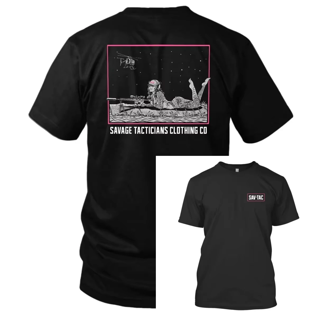 Tactical Shooting Range Graphic T Shirt Unisex Double Print Tattoo Mermaid Sniper Helicopter Pink Logo Savage