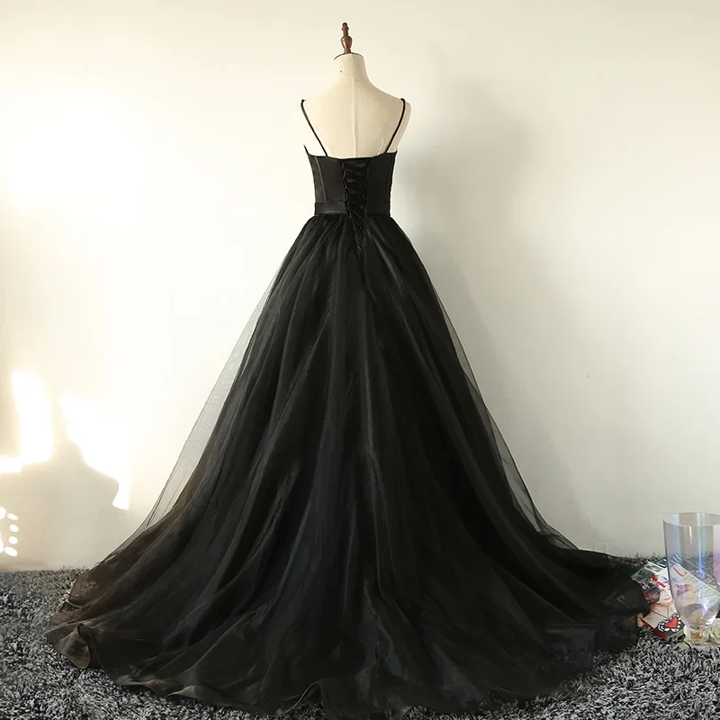 Evening Dress Black Satin Tulle Spaghetti Straps Lace Up A-Line Floor-Length Plus size Women Party Formal Gown Customization