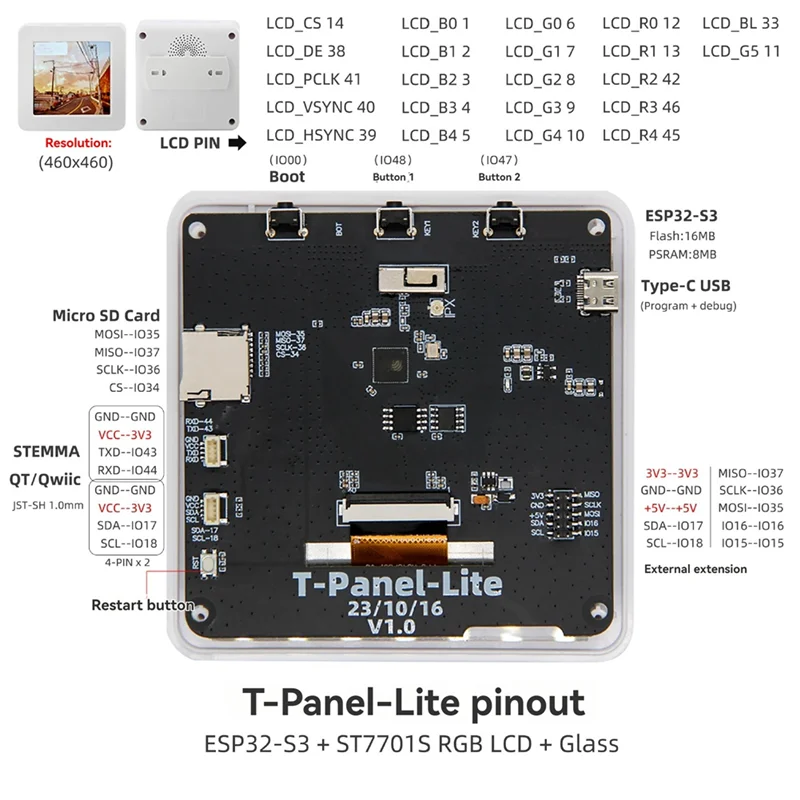 LILYGO T-Panel-Liite S3 ESP32-S3 Development Board With 4 Inch IPS LCD Screen 460*460 Support WIFI Bluetooth