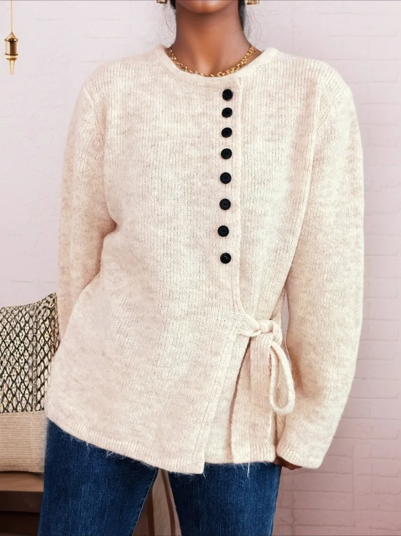 

Autumn Winter New Elegant Commuter Button Strap Knitwear Sweater Coat Solid Color Slim-fit Sweater Cardigan Women Sweater Tops