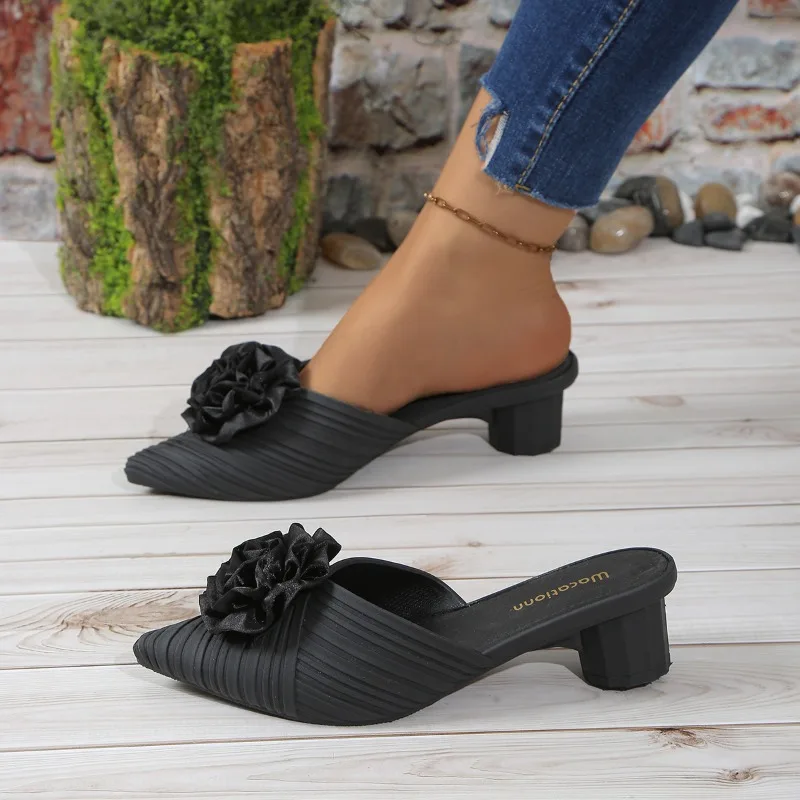 Women's Shoes on Sale 2024 New Spring Women's Slippers Closed Toe Solid Flowers Mid Heel Profession Work Office Slippers Women