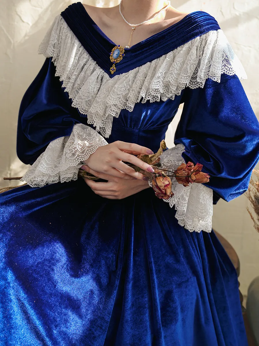 

88-100cm Bust Spring Fall Blue Velvet Dress Women Vintage Elegant Slim Sexy Lace V-Neck Long Sleeve Birthday Party Evening Dress