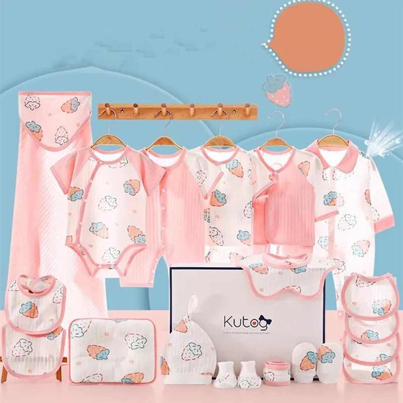 22 pieces/lot Newborn Baby Clothes Sets For Girls 100% Cotton Infant Print Summer Clothes Outfits Baby Rompers Hat Bibs