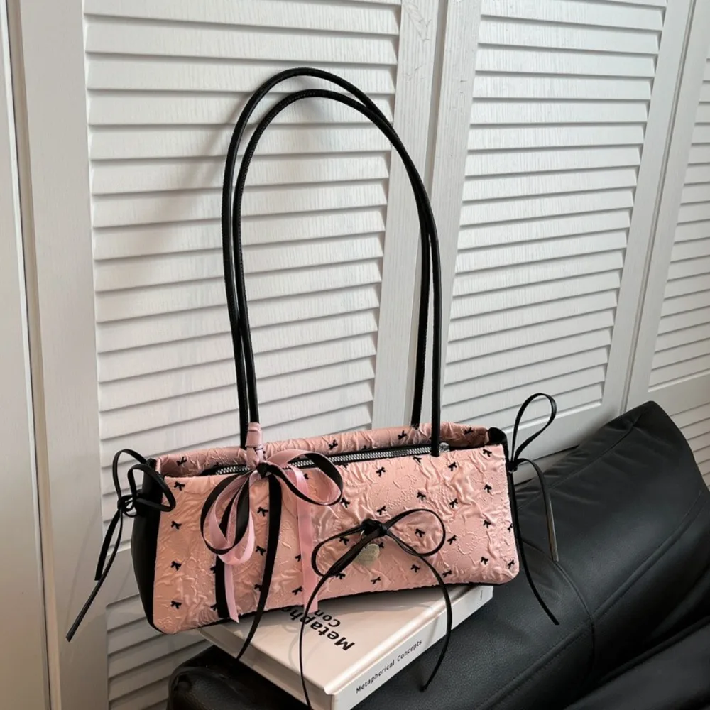 

Portable French Bow Ribbon Shoulder Bag Sweet Commuting French Stick Underarm Bag Zipper Y2K Armpit Bag Handbag