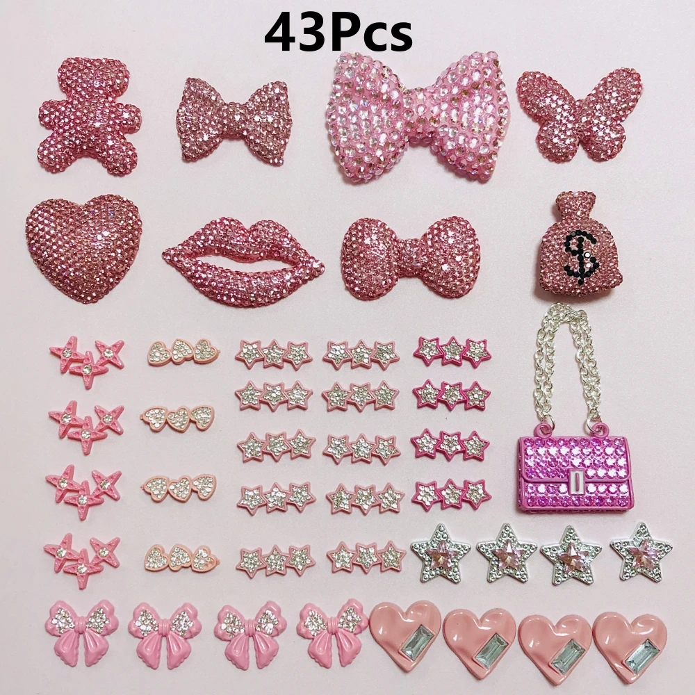

Bulk Supply Mixed 43Pcs White Pink Dollar Sign Lip Bear Love Heart Butterfly Chainbag Star Bow Rhinestone Decor Junk Phone Case