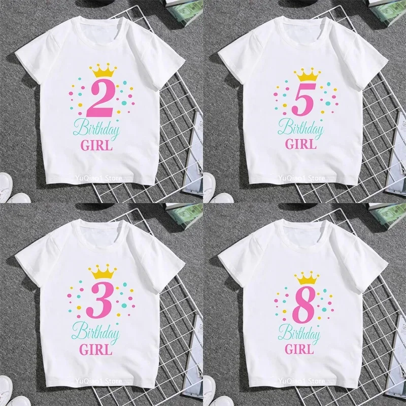 

Lovely 2-9 Yrs Birthday Girl T-shirt Number Crown Printed Tshirt Children's T-shirt White Graphic T Shirts Gift Party Clothes