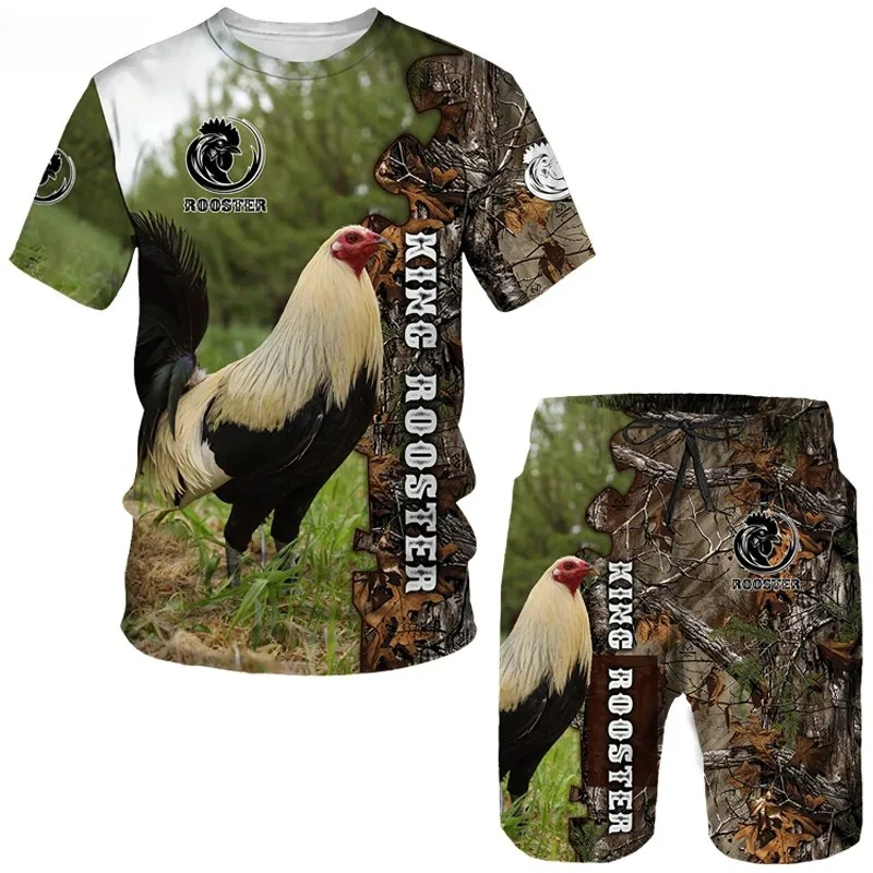 2025 Chicken Rooster Animal Men's 3D Printing Summer Men's Leisure Sports Set Fun Hunting Chicken Camo T-shirt Shorts Set