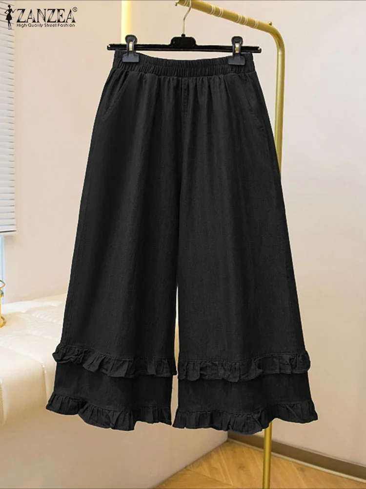 ZANZEA femmes Vintage pantalon à jambes larges 2025 automne taille haute pantalons longs décontracté taille élastique ample surdimensionné à volants Pantalons