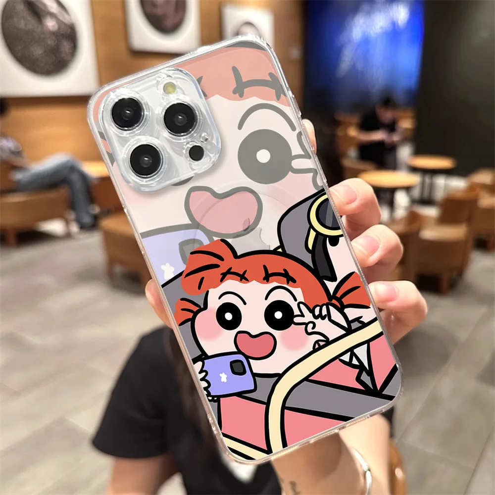 Cute C-Crayon S-Shin C-Chan Phone Case for iPhone 12 11 13 14 15 16 Max Pro Plus Transparent Magsafe Magnetic Wireless Cover