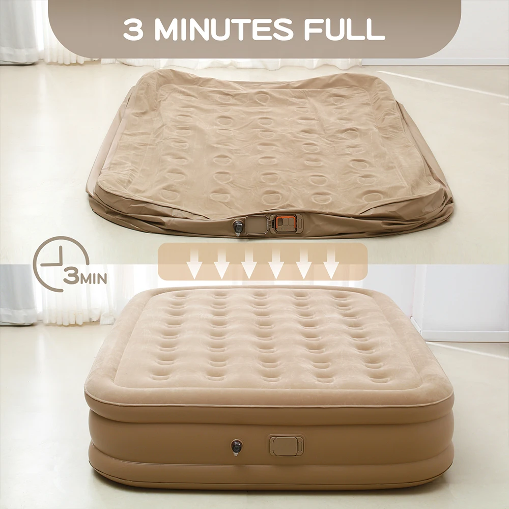 ที่นอนลมขนาดควีนไซส์พร้อมปั๊มในตัวที่นอนเป่าลมแบบอัพเกรด Luxury Flocked Top Airbed, ที่นอนเป่าลมสําหรับตั้งแคมป์เกสต์