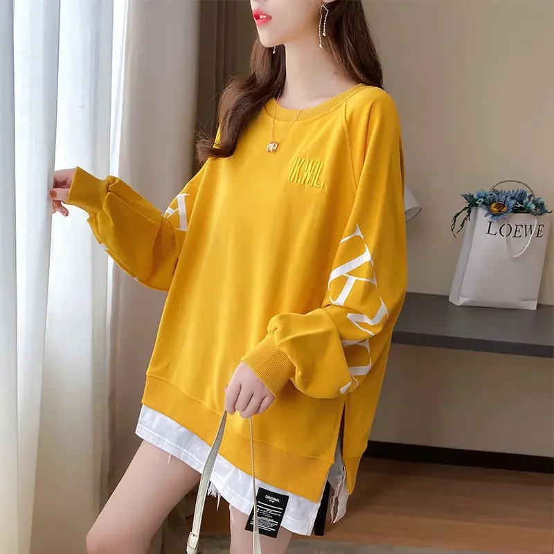 Long Sleeve Women\'s T-shirts Clothes Tops Fake Two Autumn Midi Fashion Korean Aesthetic Graphic Loose Casual Hoodie Pulovers