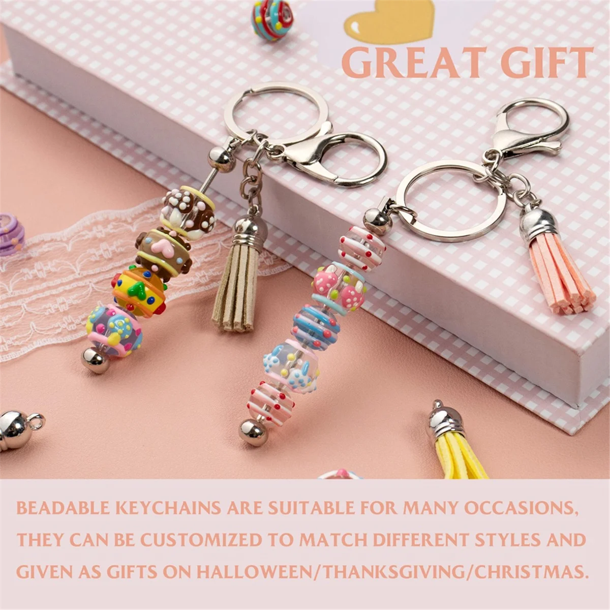 

A83Z 40 шт. брелки из бисера - пустой брелок из бисера своими руками с полосками и красочной кожаной кисточкой, свободный для брелка «сделай сам»