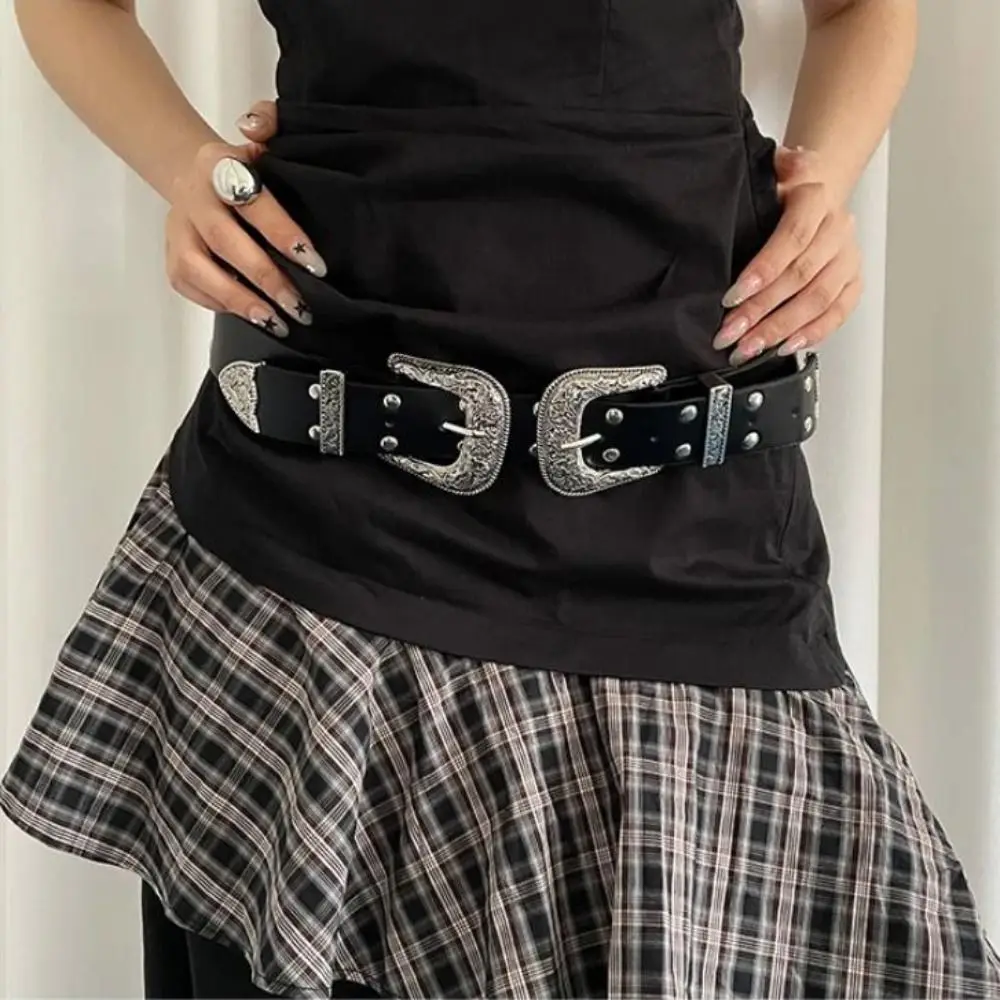 

Trendy Vintage Women's Rivet Belt Black Gothic Leather Waist Belt Double-Headed Y2k Dress Jeans Belt Spicy Girls