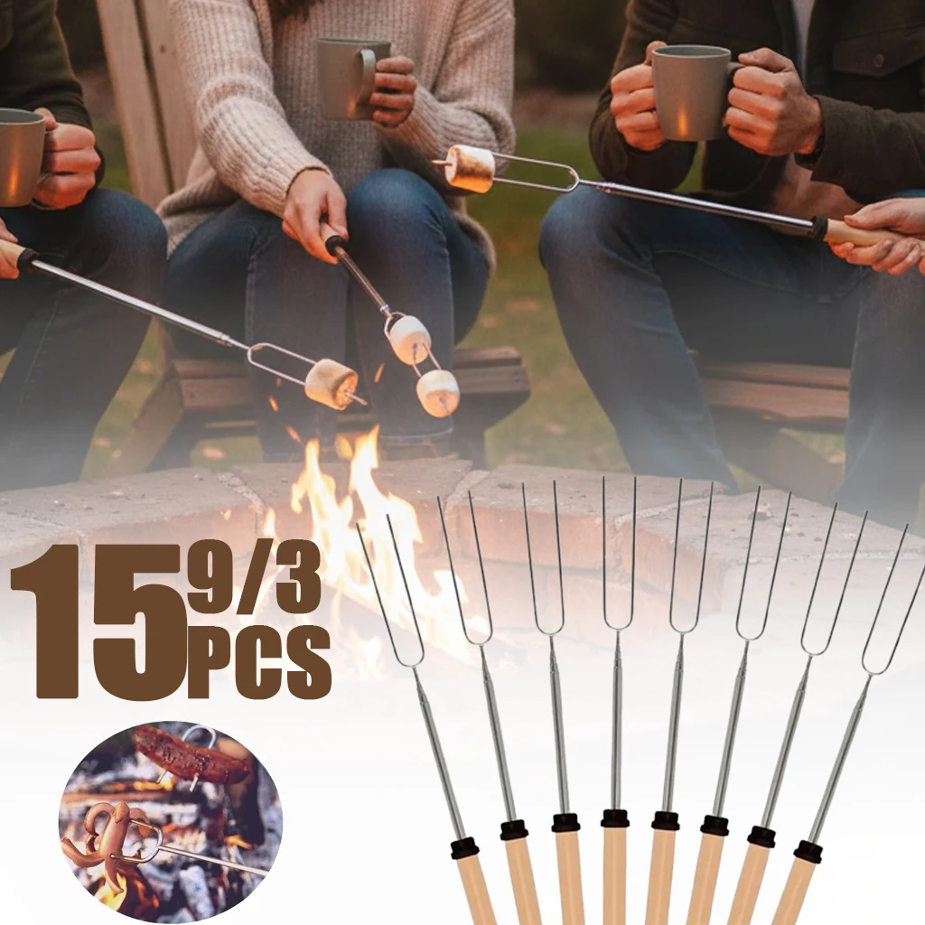 Versatile U Shaped BBQ Skewer Fork Stainless Steel Telescopic Handle for Hot Dogs Vegetables Easy Clean Grill and Cooking Tool