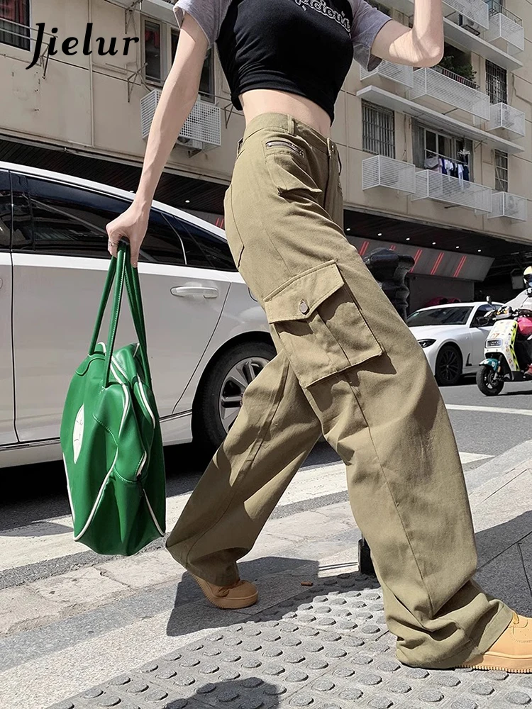 Jielur-Calça comprida feminina de zíper duplo, casual, perna reta, bolso múltiplo, estilo Hong Kong, versátil, primavera