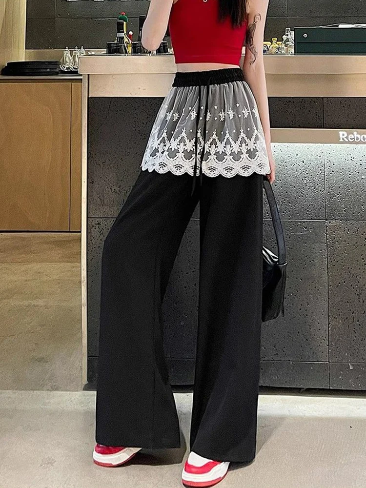 Zoete Kant Patchwork Broek Vrouwen Hoge Taille Leuke Casual Losse Broek Koreaanse Mode Zomer Elegante Chique Wijde Pijpen Broek Nieuw