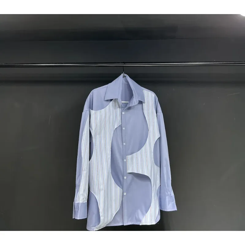 

SuperAen Autumn and Winter New High-necked Summer Blue Striped Shirt 2023 New Retro Style Cardigan Loose Shirt