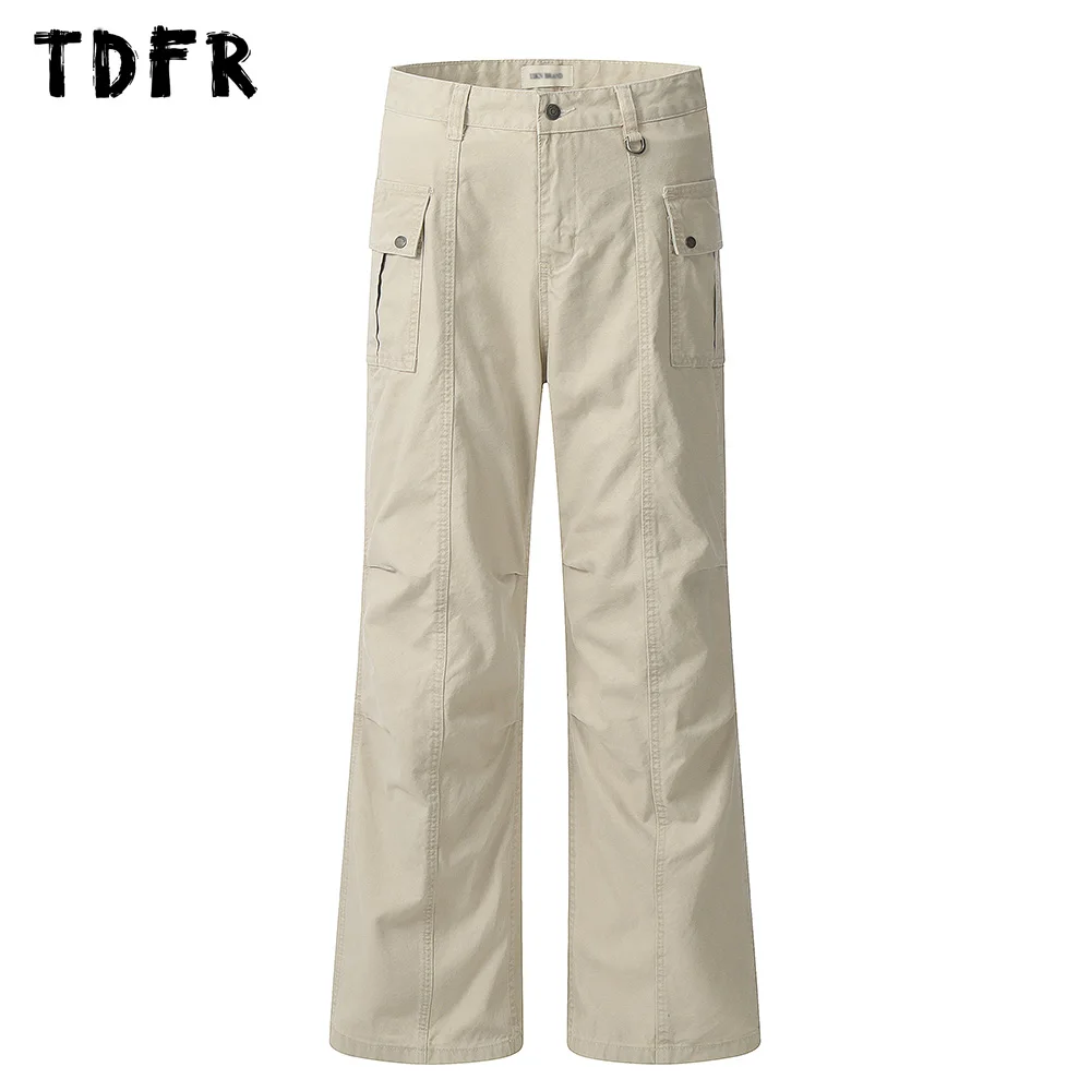 

Solid Color Spliced Cargo Pants Mens Pocket Streetwear Casual Loose Wide leg Pleated Trousers Men