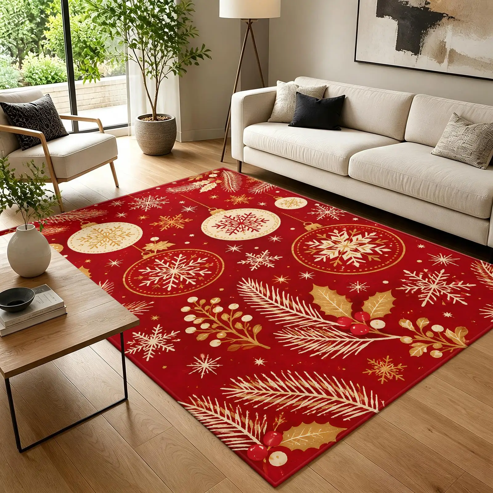 1pc 2D Flat Christmas Bauble Snowflake Golden Pine Branch Printed Floor Mat, Decorative Rug for Living Room, Bedroom, Home