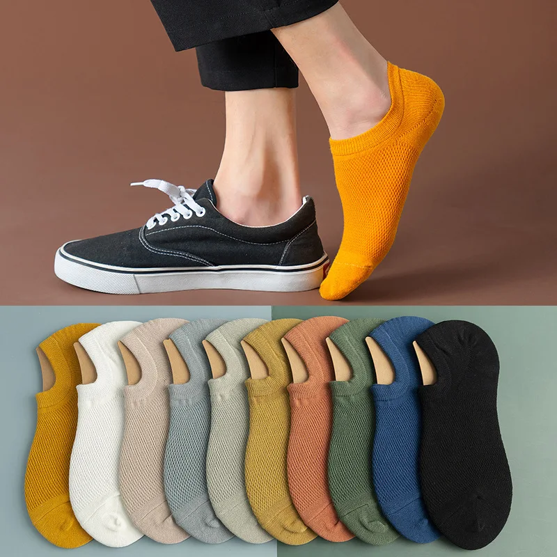 Casual No Show Socks White Blue Invisible Socks Man Beige Socks with Silicone Anti-Slip Sock Men Gift