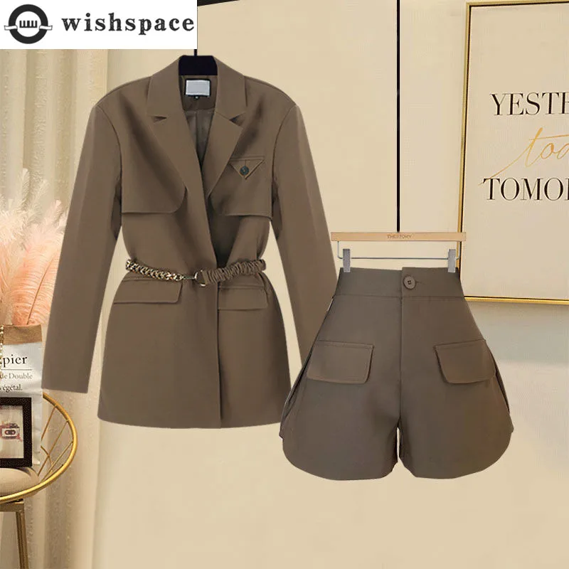 Summer 2023 Women's Clothing Suit Belt Decorative Jacket Blazer Slim Shorts Two-piece Elegant Women's Pants Suit Office Outfits