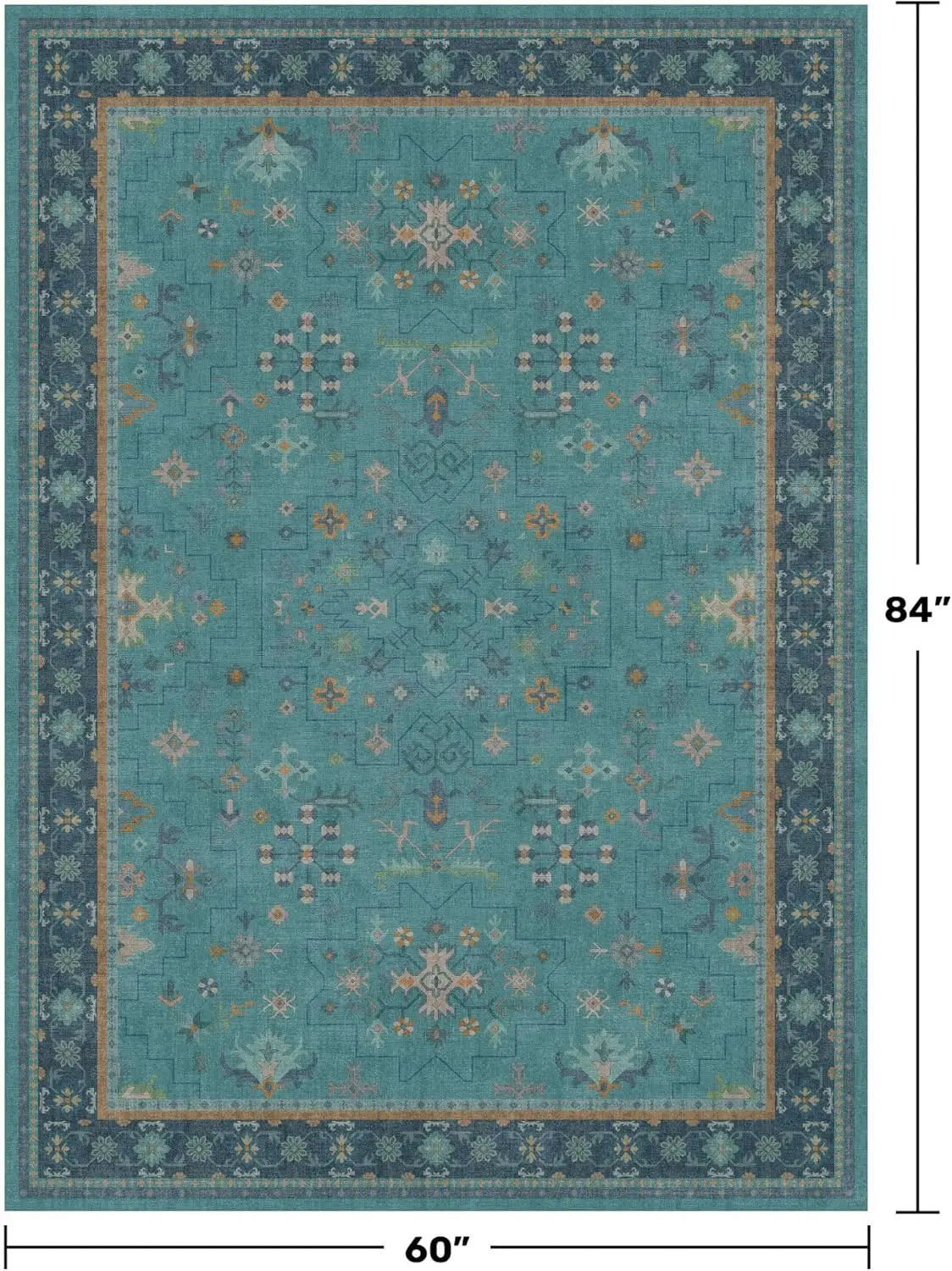 Teal Rug for Living Room, Boho Turquoise Rugs for Bedroom, Modern Eclectic Low-Pile Carpet for Dining Table, Washable Non-Slip