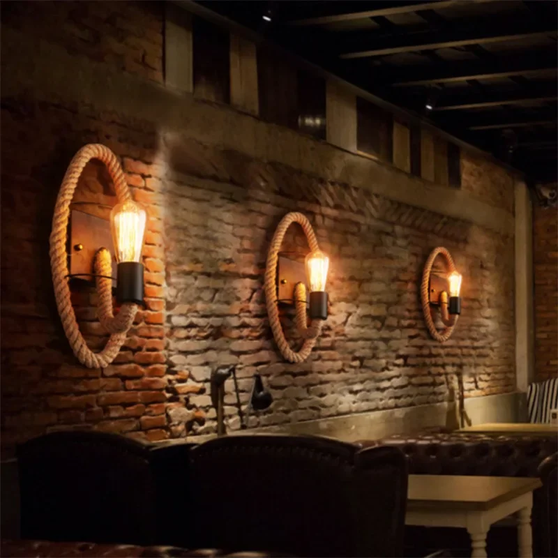 

Vintage Personalized Wall Light American Iron Headboard Wall Creative Industrial Style Bar, Coffee, Restaurant Light Hemp Rope