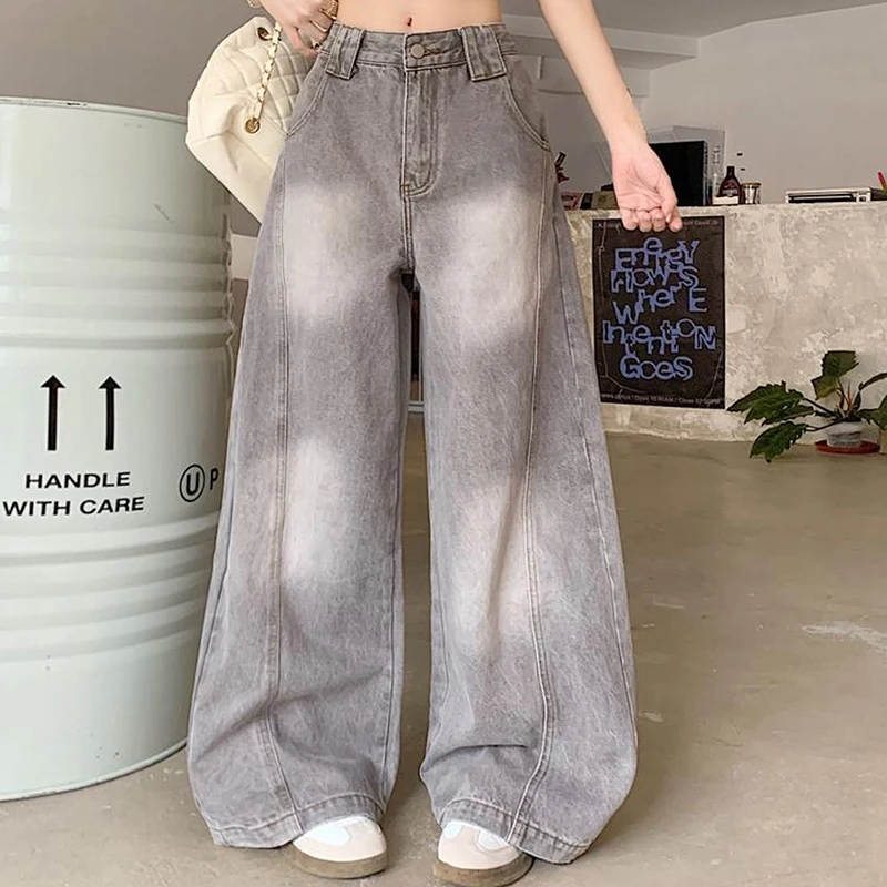 

American Style Gray Denim Pants Women Trendy Design High Waist Loose Trousers Street Wear Lady Versatile Wide Leg Jeans
