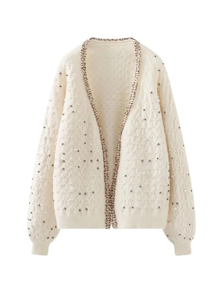 Beading Jacquard Knit Cardigan Sweater Women Sweet Basic Tops 2024 Autumn Long Sleeve V-neck Elegant Fashion Ladies Jumper