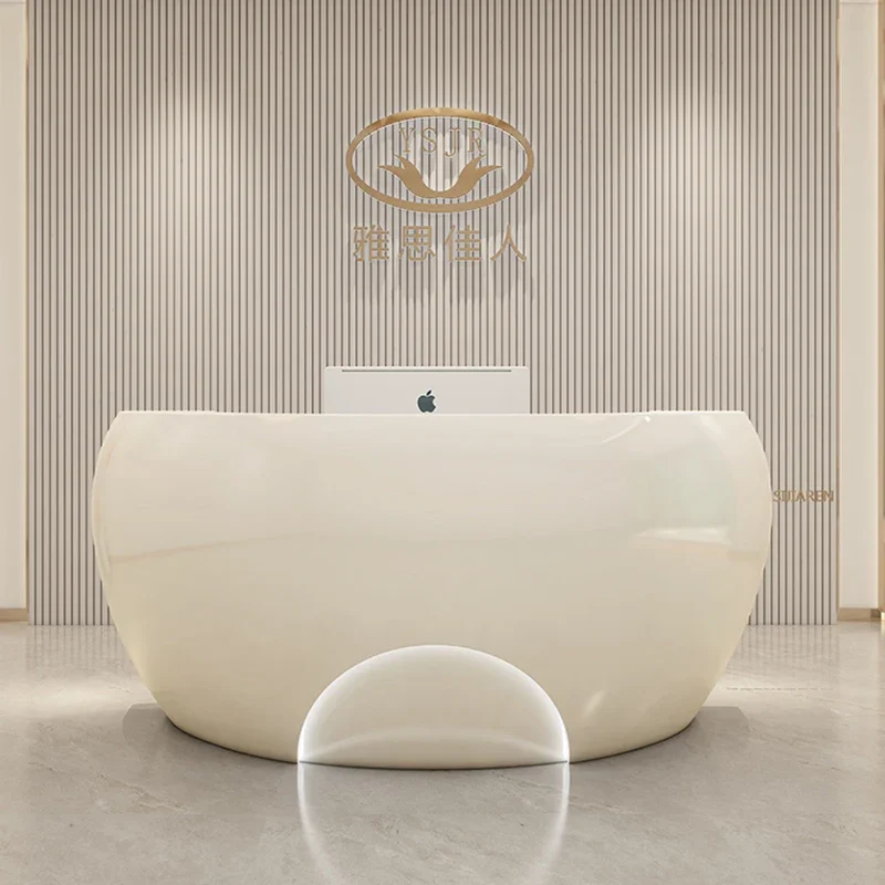 أثاث شبكي احترافي للنقود، مقهى تصفيف الشعر، مكتب استقبال أبيض، بار صالون تجميل، مستحضرات التجميل، طاولة حديثة LED